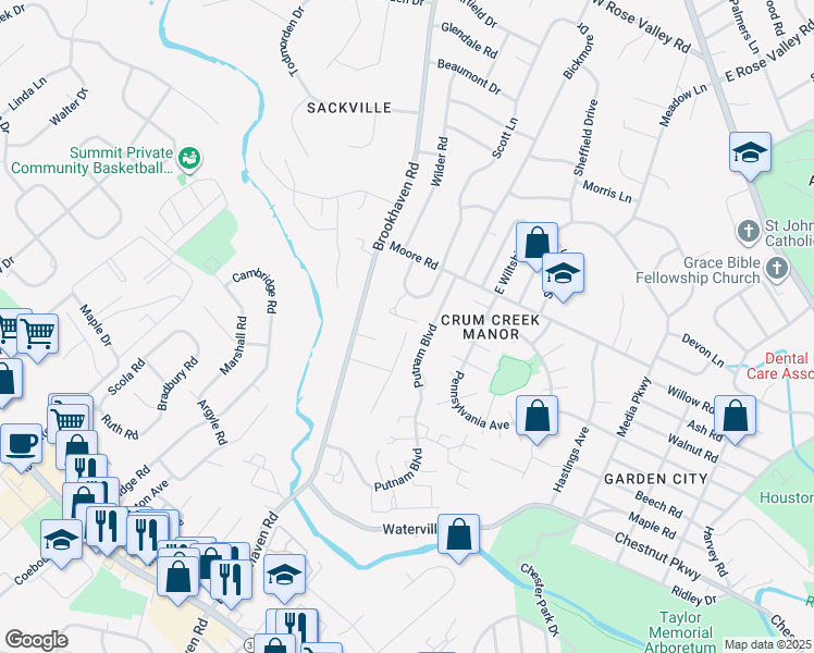 map of restaurants, bars, coffee shops, grocery stores, and more near 723 Scott Lane in Nether Providence Township