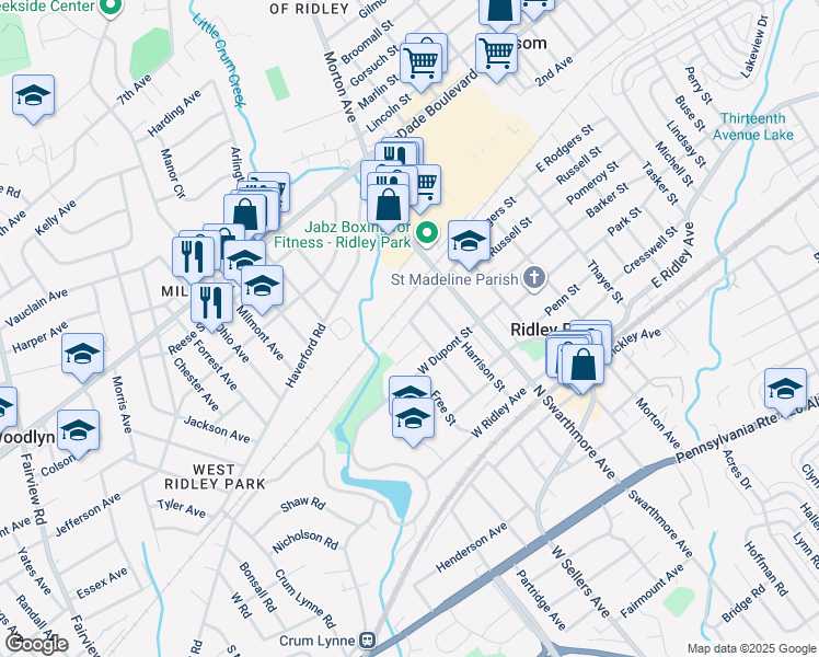 map of restaurants, bars, coffee shops, grocery stores, and more near 200 West Rodgers Street in Ridley Park