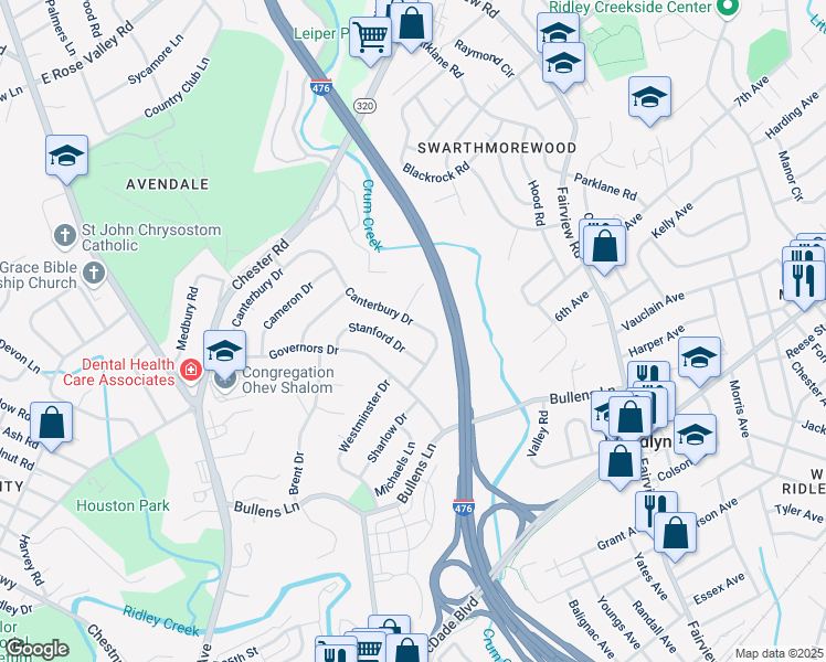 map of restaurants, bars, coffee shops, grocery stores, and more near 236 Canterbury Drive in Nether Providence Township