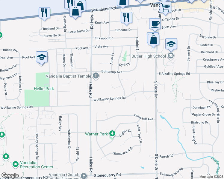 map of restaurants, bars, coffee shops, grocery stores, and more near 466 Meadowview Court in Vandalia