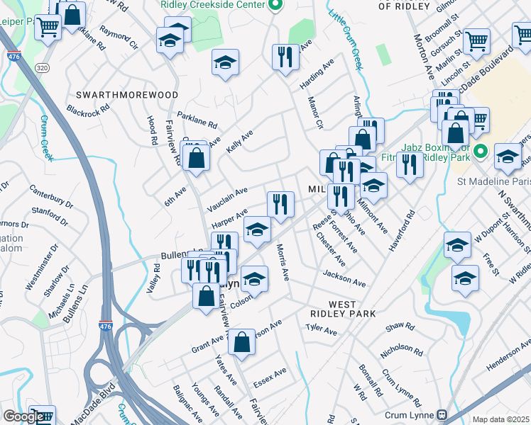 map of restaurants, bars, coffee shops, grocery stores, and more near 337 Morris Avenue in Woodlyn