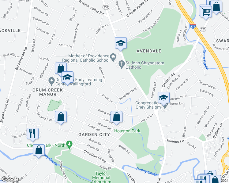 map of restaurants, bars, coffee shops, grocery stores, and more near 14 Berkshire Drive in Nether Providence Township