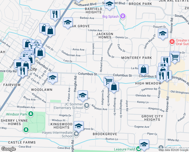 map of restaurants, bars, coffee shops, grocery stores, and more near 2960 Columbus Street in Grove City