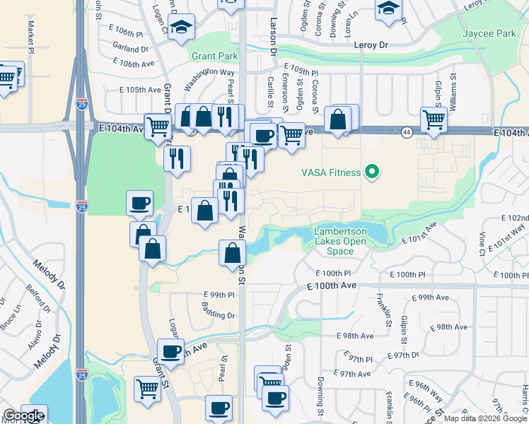 map of restaurants, bars, coffee shops, grocery stores, and more near East 102nd Avenue in Thornton