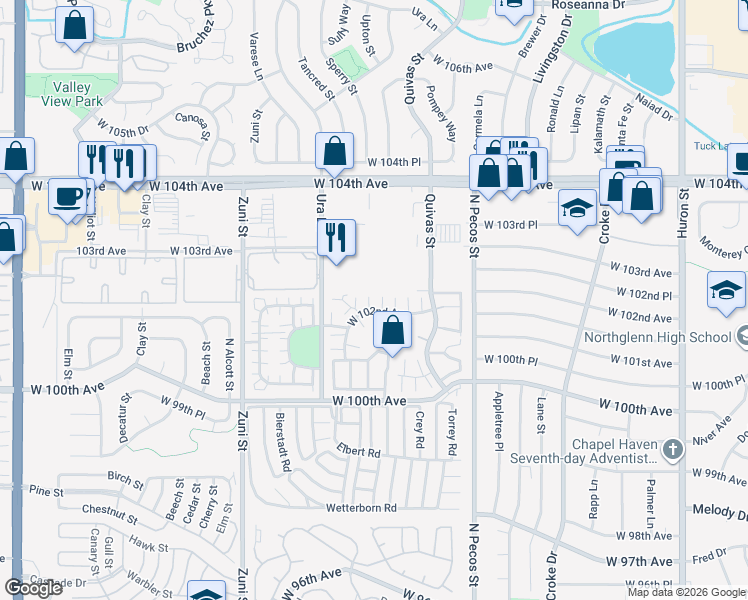 map of restaurants, bars, coffee shops, grocery stores, and more near 1931 West 102nd Avenue in Thornton