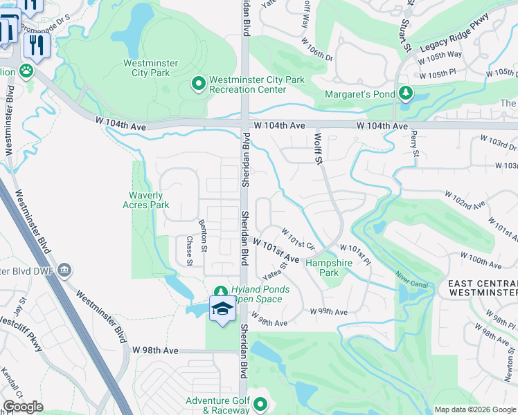 map of restaurants, bars, coffee shops, grocery stores, and more near 10231 Zenobia Circle in Westminster