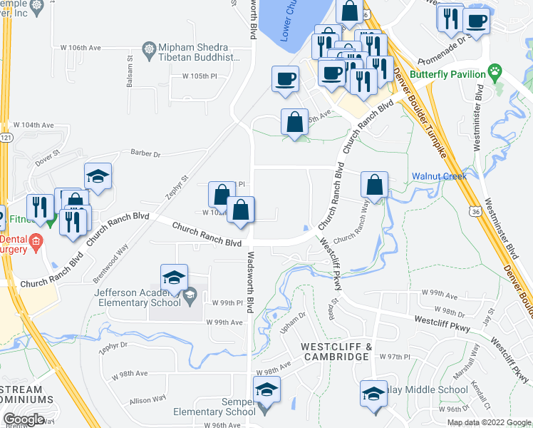 map of restaurants, bars, coffee shops, grocery stores, and more near 10235 Wadsworth Boulevard in Westminster