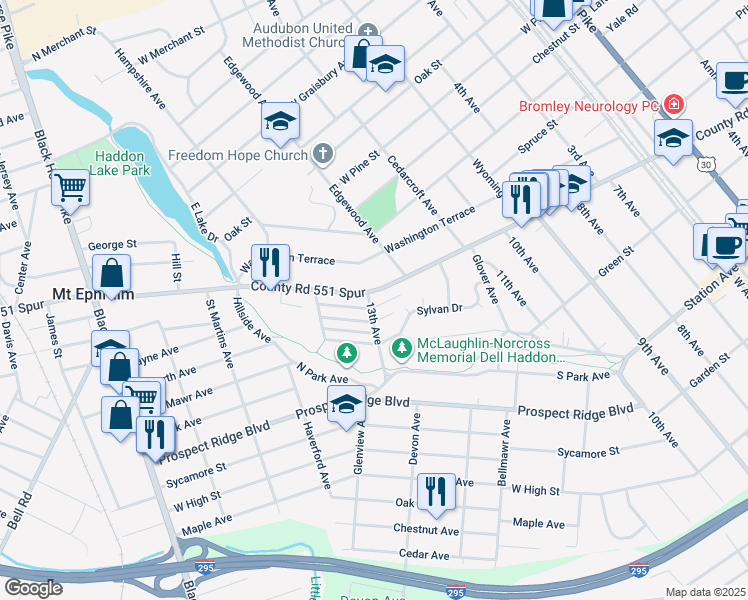 map of restaurants, bars, coffee shops, grocery stores, and more near 515 West Kings Highway in Audubon