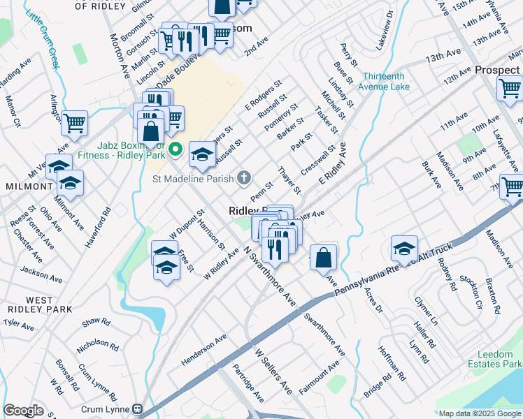 map of restaurants, bars, coffee shops, grocery stores, and more near 108 Park Street in Ridley Park