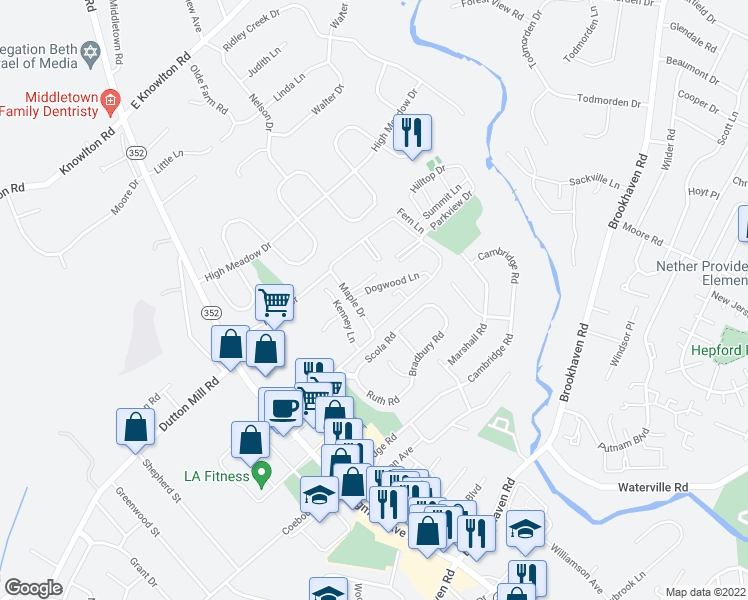 map of restaurants, bars, coffee shops, grocery stores, and more near 5200 Hilltop Drive in Brookhaven