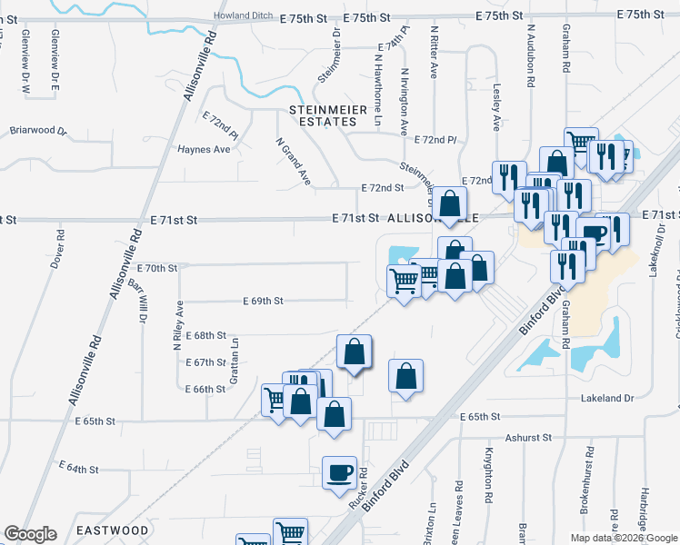 map of restaurants, bars, coffee shops, grocery stores, and more near 5234 East 70th Street in Indianapolis