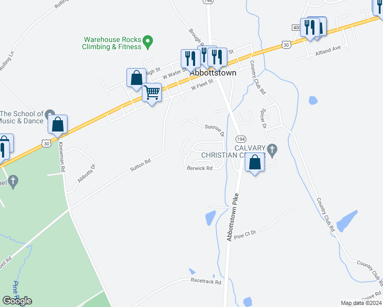 map of restaurants, bars, coffee shops, grocery stores, and more near 234 Berwick Road in Abbottstown