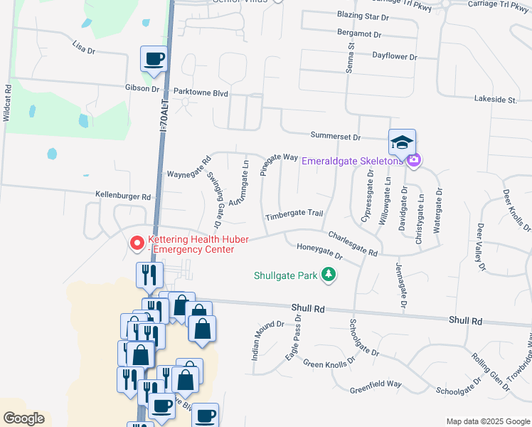 map of restaurants, bars, coffee shops, grocery stores, and more near 5901 Timbergate Trail in Dayton