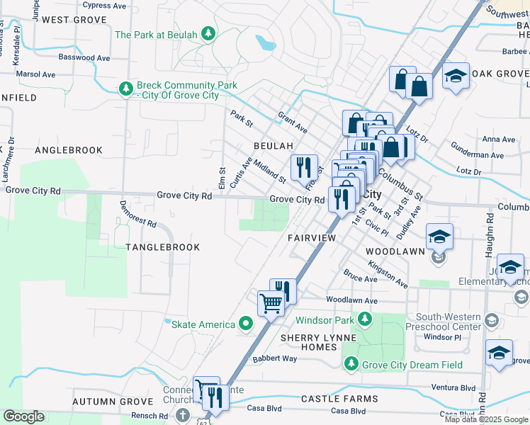 map of restaurants, bars, coffee shops, grocery stores, and more near 3612 Grove City Road in Grove City
