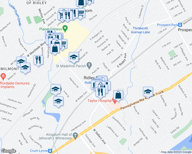 map of restaurants, bars, coffee shops, grocery stores, and more near 105 Cresswell Street in Ridley Park