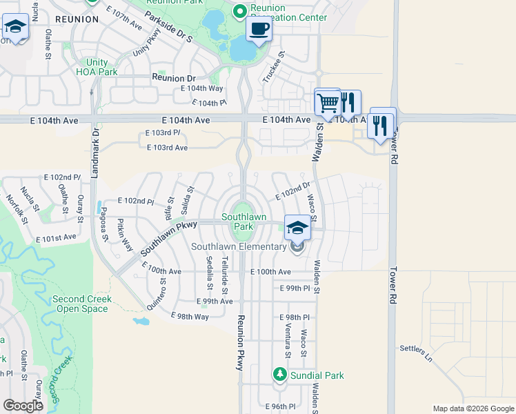 map of restaurants, bars, coffee shops, grocery stores, and more near 10202 Southlawn Circle in Commerce City