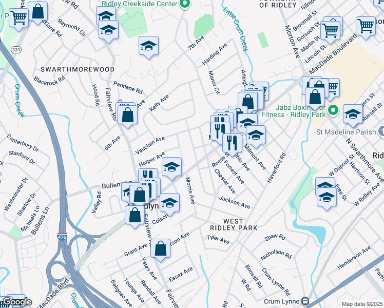 map of restaurants, bars, coffee shops, grocery stores, and more near 317 Kossuth Avenue in Woodlyn