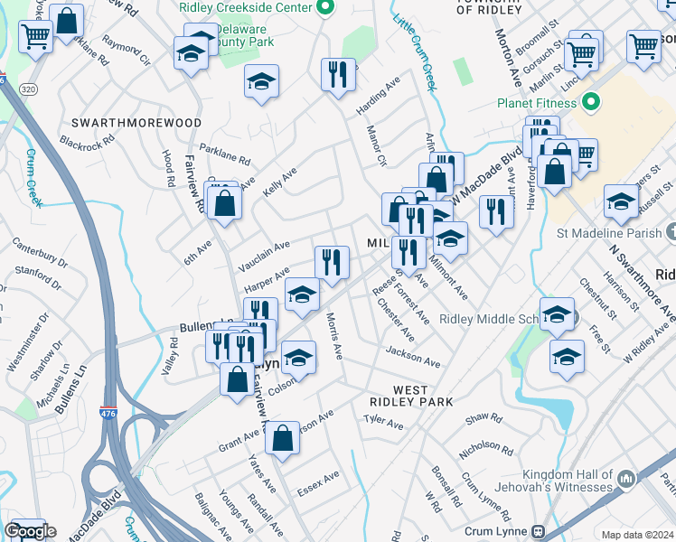 map of restaurants, bars, coffee shops, grocery stores, and more near 317 Kossuth Avenue in Woodlyn