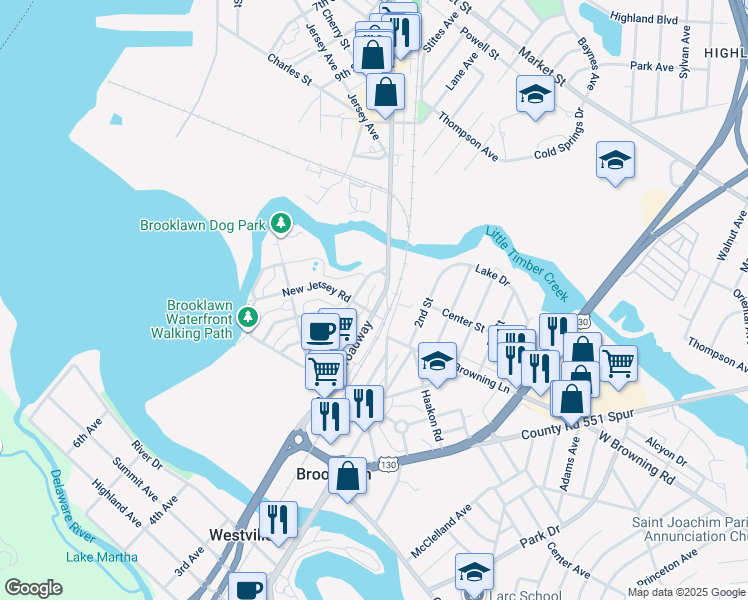 map of restaurants, bars, coffee shops, grocery stores, and more near 405 New Broadway in Brooklawn
