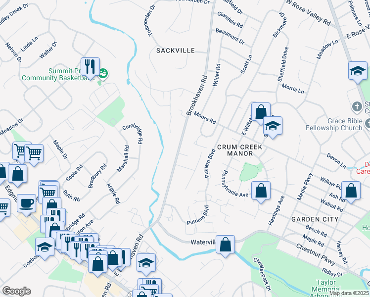 map of restaurants, bars, coffee shops, grocery stores, and more near 720 Brookhaven Road in Nether Providence Township