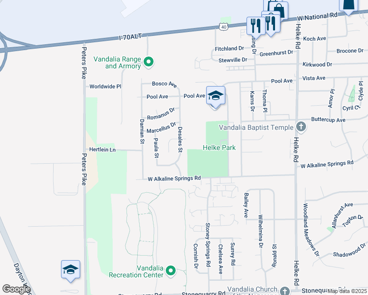 map of restaurants, bars, coffee shops, grocery stores, and more near in Vandalia