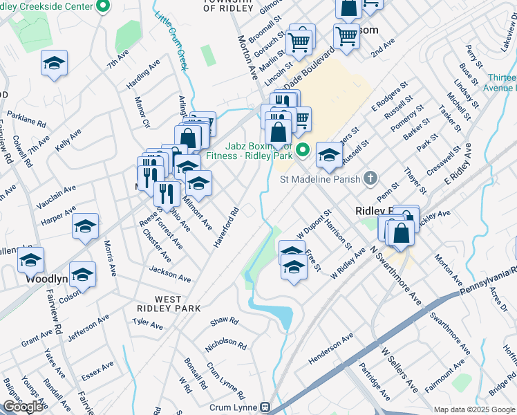 map of restaurants, bars, coffee shops, grocery stores, and more near 10 Virginia Circle in Ridley Park