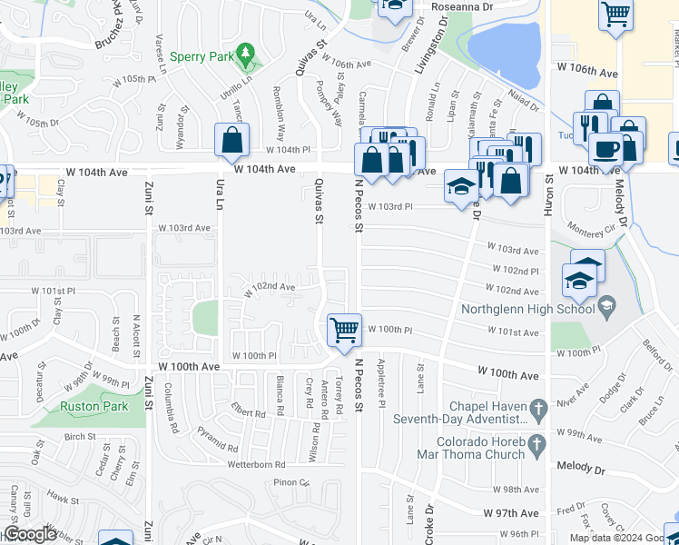 map of restaurants, bars, coffee shops, grocery stores, and more near 10223 North Pecos Street in Northglenn