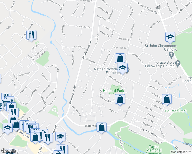 map of restaurants, bars, coffee shops, grocery stores, and more near 760 Putnam Boulevard in Nether Providence Township