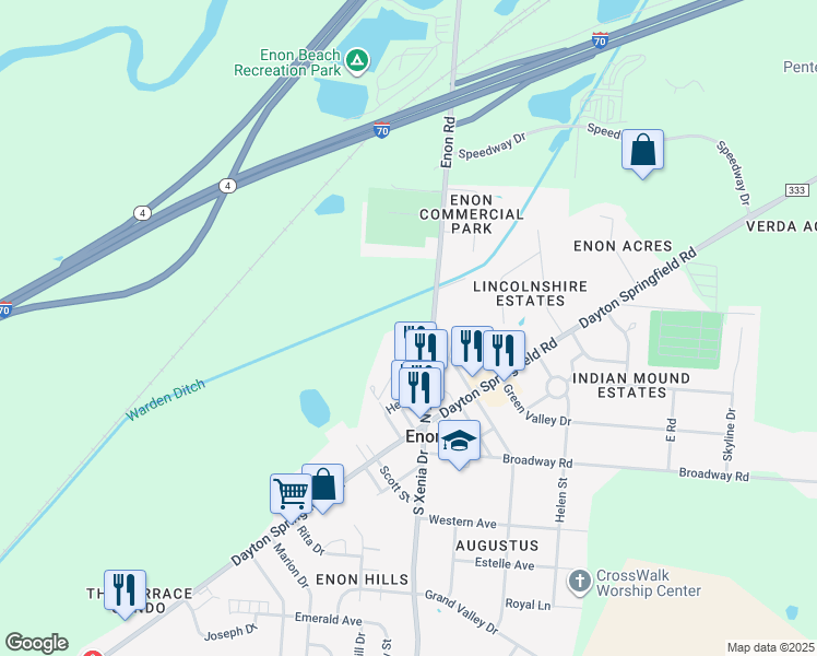 map of restaurants, bars, coffee shops, grocery stores, and more near 3001-3107 Enon Rd in Enon