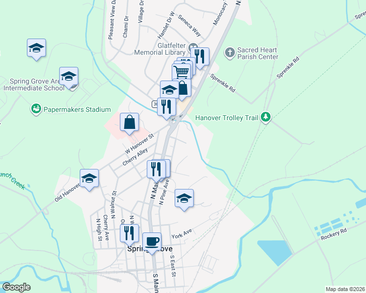 map of restaurants, bars, coffee shops, grocery stores, and more near 327 North Pine Avenue in Spring Grove