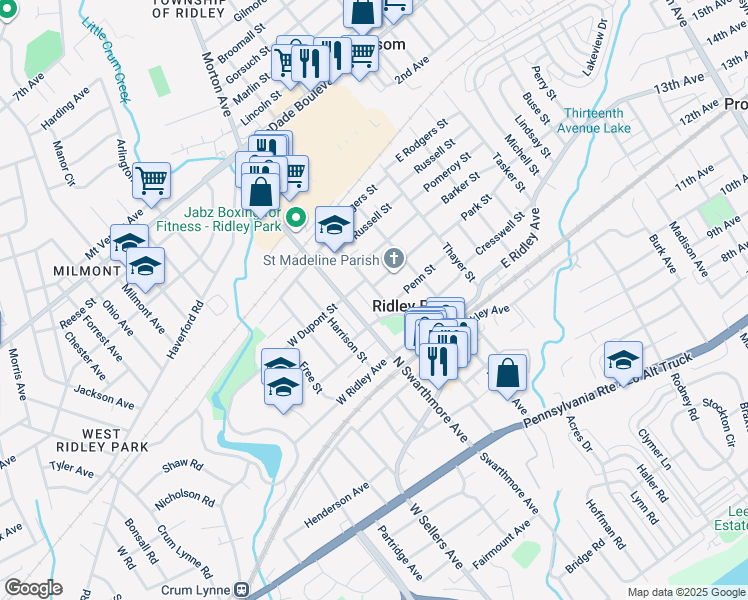 map of restaurants, bars, coffee shops, grocery stores, and more near 410 Tome Street in Ridley Park