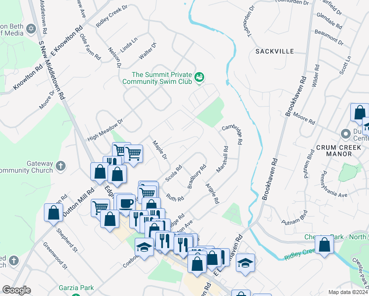 map of restaurants, bars, coffee shops, grocery stores, and more near 5200 Hilltop Drive in Brookhaven
