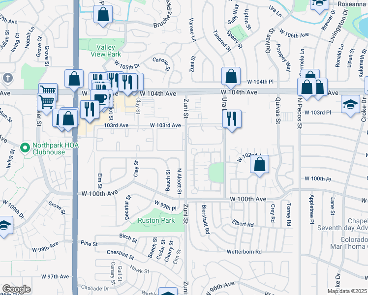 map of restaurants, bars, coffee shops, grocery stores, and more near 10211 Ura Lane in Thornton