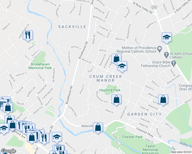 map of restaurants, bars, coffee shops, grocery stores, and more near 732 Putnam Boulevard in Delaware County