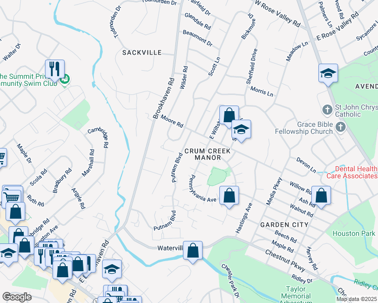 map of restaurants, bars, coffee shops, grocery stores, and more near 732 Putnam Boulevard in Delaware County