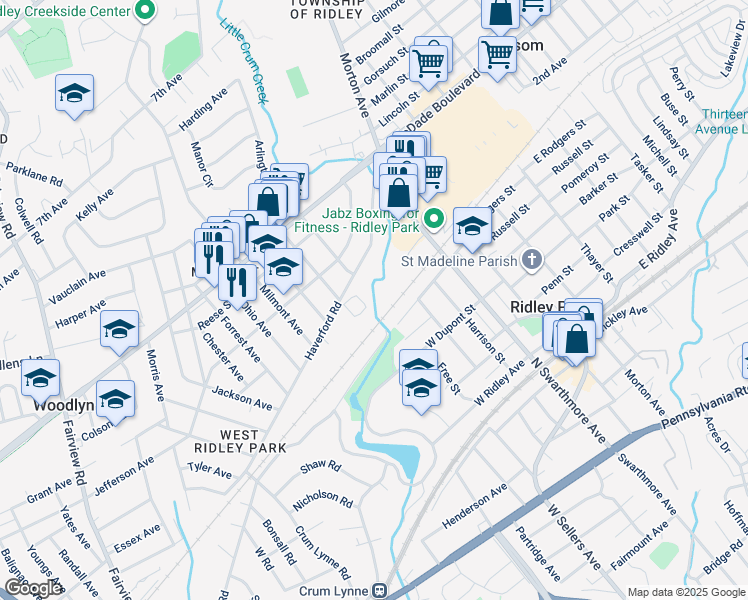 map of restaurants, bars, coffee shops, grocery stores, and more near 10 Virginia Circle in Ridley Park