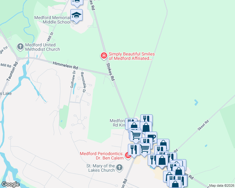 map of restaurants, bars, coffee shops, grocery stores, and more near 334 Stokes Road in Medford