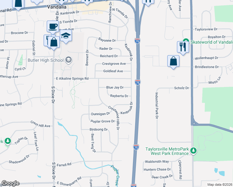 map of restaurants, bars, coffee shops, grocery stores, and more near 516 Blue Jay Drive in Vandalia