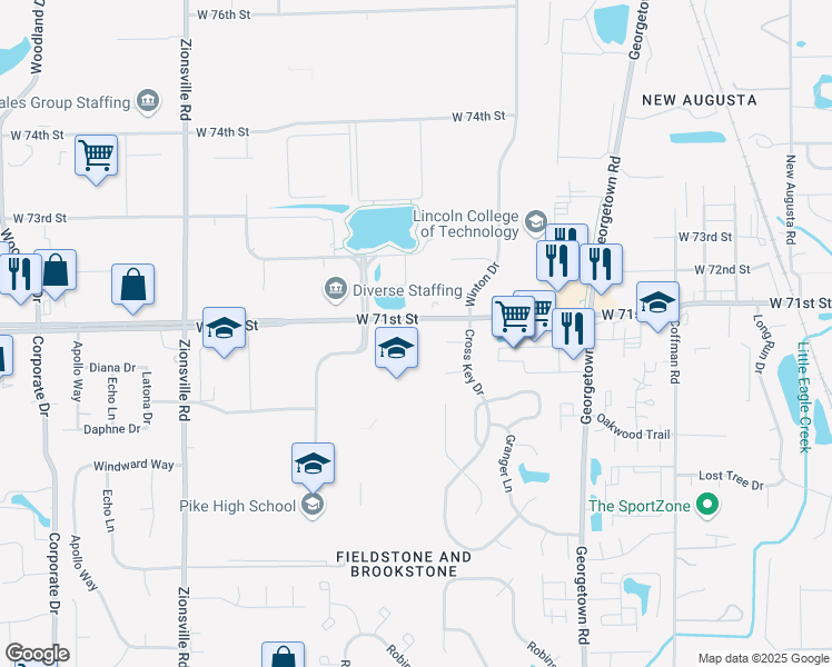 map of restaurants, bars, coffee shops, grocery stores, and more near 5353 West 71st Street in Indianapolis