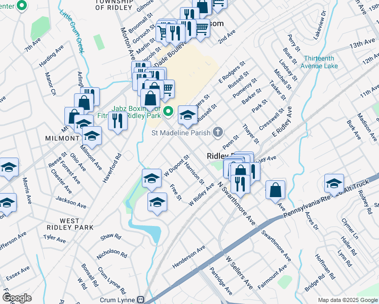 map of restaurants, bars, coffee shops, grocery stores, and more near 508 North Swarthmore Avenue in Ridley Park