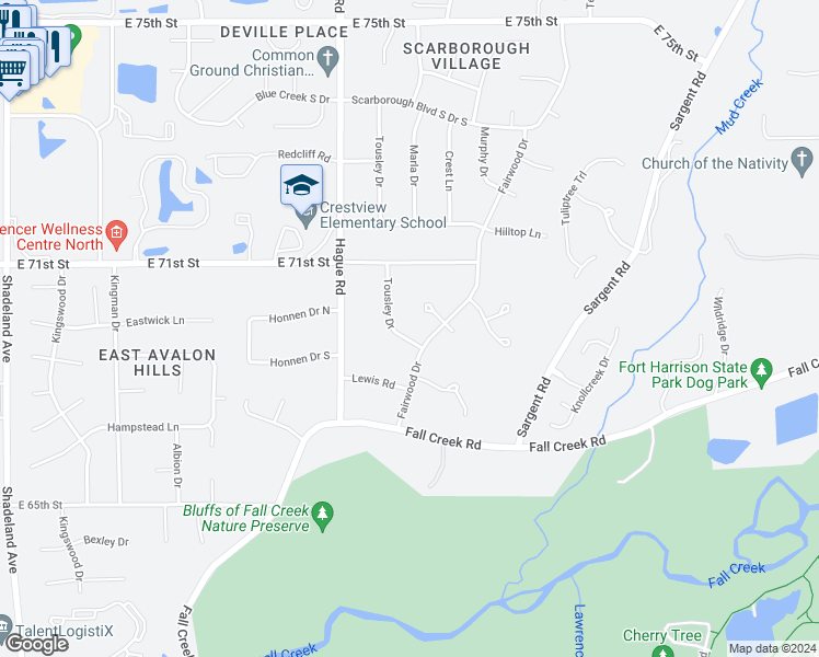 map of restaurants, bars, coffee shops, grocery stores, and more near 6805 Tousley Drive in Indianapolis