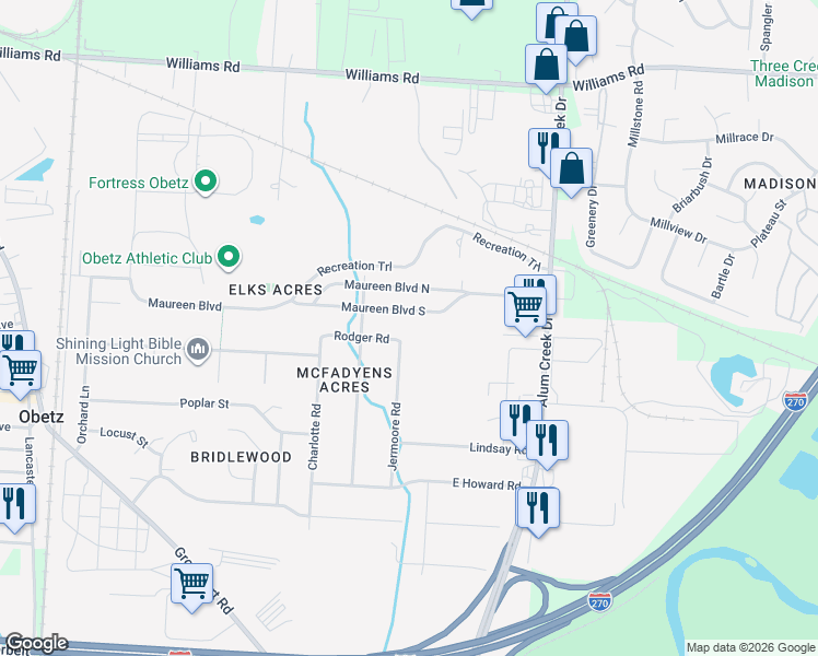 map of restaurants, bars, coffee shops, grocery stores, and more near 2304 Maureen Boulevard South in Obetz