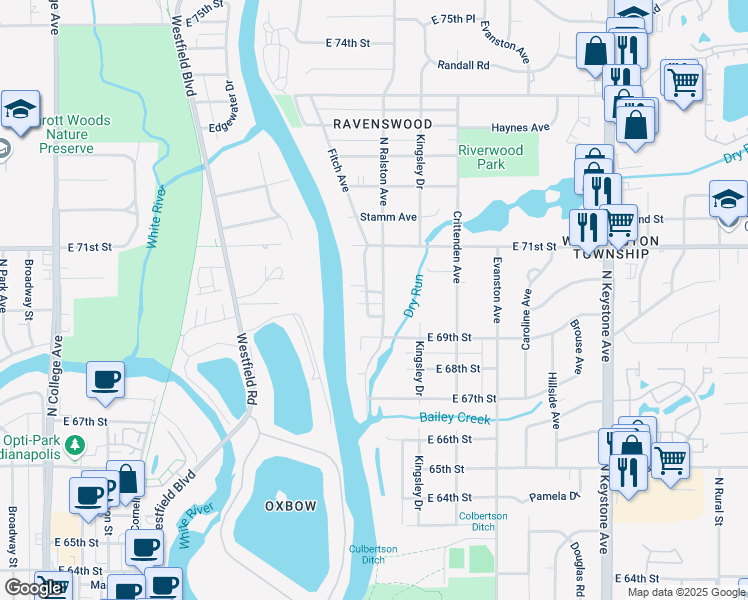 map of restaurants, bars, coffee shops, grocery stores, and more near 7009 North Ralston Avenue in Indianapolis