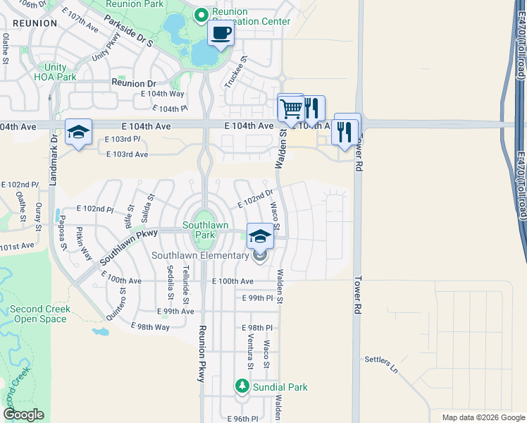 map of restaurants, bars, coffee shops, grocery stores, and more near 10195 Ventura Street in Commerce City