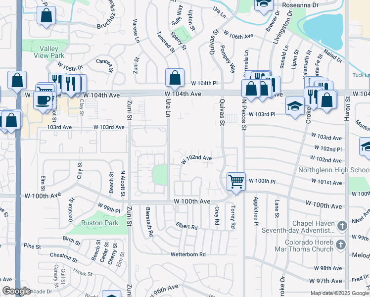 map of restaurants, bars, coffee shops, grocery stores, and more near 1931 West 102nd Avenue in Thornton