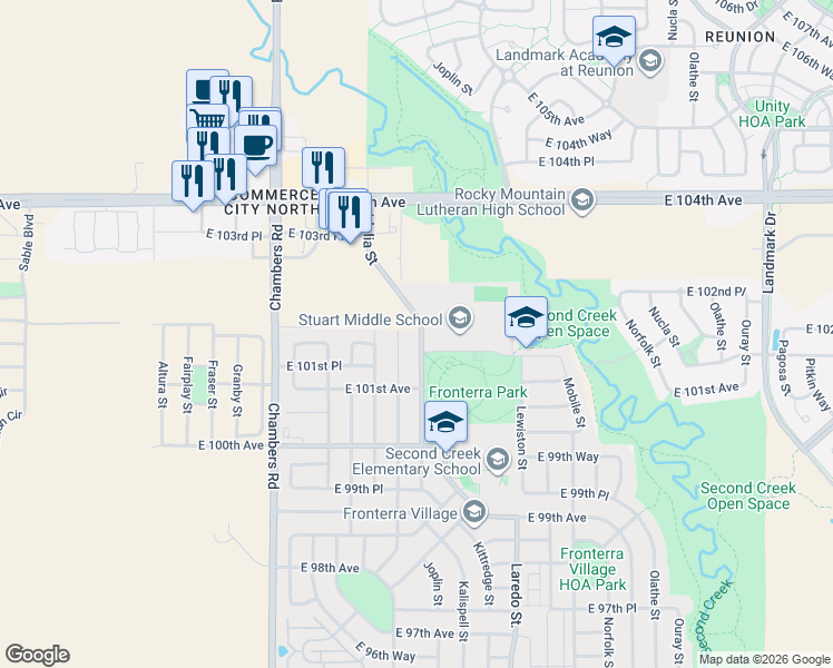 map of restaurants, bars, coffee shops, grocery stores, and more near 10191 Joplin Street in Commerce City