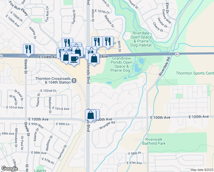 map of restaurants, bars, coffee shops, grocery stores, and more near 54 Rustler Ravine in Thornton