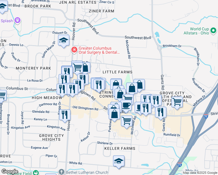 map of restaurants, bars, coffee shops, grocery stores, and more near 3924 Parkmead Drive in Grove City