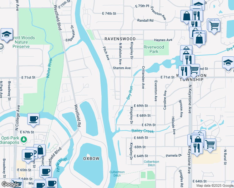 map of restaurants, bars, coffee shops, grocery stores, and more near 7009 North Ralston Avenue in Indianapolis