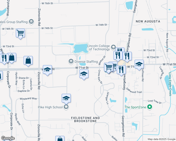 map of restaurants, bars, coffee shops, grocery stores, and more near 5114-5146 West 71st Street in Indianapolis
